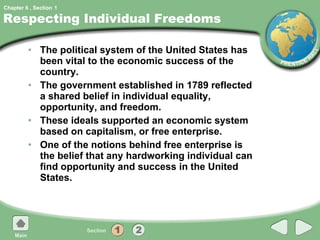 Respecting Individual Freedoms The political system of the United States has been vital to the economic success of the country. The government established in 1789 reflected a shared belief in individual equality, opportunity, and freedom. These ideals supported an economic system based on capitalism, or free enterprise. One of the notions behind free enterprise is the belief that any hardworking individual can find opportunity and success in the United States. 1 