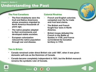 Understanding the Past The First Canadians The first inhabitants were the Inuit and Native Americans whose ancestors migrated to North America thousands of years ago. The native peoples adapted to their environments and developed stable societies. European colonization reduced the native population through war and disease. Colonial Rivalries French and English colonists competed over the fur trade and rival land claims. The British and French fought four wars in North America. British troops defeated the French in the Battle of Quebec in 1759, and France surrendered its Canadian territory in 1763. Ties to Britain Canada remained under direct British rule until 1867, when it was given domestic self-rule as the Dominion of Canada. Canada became completely independent in 1931, but the British monarch remains the symbolic ruler of Canada. 2 