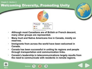 Welcoming Diversity, Promoting Unity Although most Canadians are of British or French descent, many other groups are represented. Many Inuit and Native Americans live in Canada, mostly on reserves. Immigrants from across the world have been welcomed in Canada. Canada has been successful in uniting its regions and people through transportation and communication links. Canada’s leadership in telecommunications largely results from the need to communicate with residents in remote regions. 2 