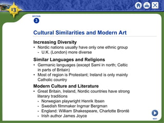 Cultural Similarities and Modern Art
Increasing Diversity
• Nordic nations usually have only one ethnic group
- U.K. (London) more diverse
SECTION
3
NEXT
Modern Culture and Literature
• Great Britain, Ireland, Nordic countries have strong
literary traditions
- Norwegian playwright Henrik Ibsen
- Swedish filmmaker Ingmar Bergman
- England: William Shakespeare, Charlotte Brontë
- Irish author James Joyce
Similar Languages and Religions
• Germanic languages (except Sami in north; Celtic
in parts of Britain)
• Most of region is Protestant; Ireland is only mainly
Catholic country
 