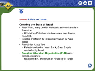 SECTION
2
NEXT
Creating the State of Israel
• After WWII, many Jewish Holocaust survivors settle in
Palestine
- UN divides Palestine into two states: one Jewish,
one Arab
• Israel is created in 1948; repels invasion by Arab
states
• Palestinian Arabs flee
- Palestinian land on West Bank, Gaza Strip is
controlled by Israel
• Palestine Liberation Organization (PLO) uses
politics, military to:
- regain land in, and return of refugees to, Israel
continued A History of Unrest
 