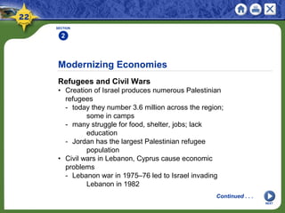 Modernizing Economies
Refugees and Civil Wars
• Creation of Israel produces numerous Palestinian
refugees
- today they number 3.6 million across the region;
some in camps
- many struggle for food, shelter, jobs; lack
education
- Jordan has the largest Palestinian refugee
population
• Civil wars in Lebanon, Cyprus cause economic
problems
- Lebanon war in 1975–76 led to Israel invading
Lebanon in 1982
SECTION
2
NEXT
Continued . . .
 