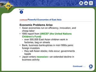 SECTION
2
Economic Problems Arise
• Asian economies run on efficiency, innovation, and
cheap labor
• 1995 report from UNICEF (the United Nations
Children’s Fund)
- over 500,000 East Asian children work in
factories, beg on streets
• Bank, business bankruptcies in mid-1990s panic
foreign investors
- they sell Asian stocks; riots occur; governments
topple
• Japan enters recession—an extended decline in
business activity
continued Powerful Economies of East Asia
NEXT
Continued . . .
 