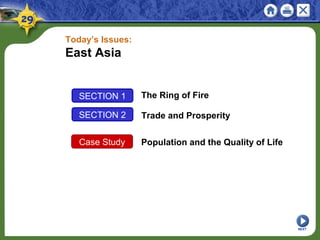 SECTION 1 The Ring of Fire
SECTION 2 Trade and Prosperity
Today’s Issues:
East Asia
Case Study Population and the Quality of Life
NEXT
 