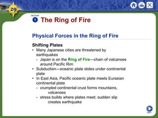 Physical Forces in the Ring of Fire
Shifting Plates
• Many Japanese cities are threatened by
earthquakes
- Japan is on the Ring of Fire—chain of volcanoes
around Pacific Rim
• Subduction—oceanic plate slides under continental
plate
• In East Asia, Pacific oceanic plate meets Eurasian
continental plate
- crumpled continental crust forms mountains,
volcanoes
- stress builds where plates meet; sudden slip
creates earthquake
SECTION
1 The Ring of Fire
NEXT
 