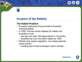 Invasion of the Rabbits
The Rabbit Problem
• European colonizers bring animals to Australia,
including rabbits
• In 1859, Thomas Austin releases 24 rabbits into
Australia to hunt
- one pair can have 184 descendents in 18 months
- Australia has over one billion rabbits by 1900
• Rabbits strip sparse vegetation, ruin sheep pastures,
cause erosion
- resulting lack of food endangers native animals
SECTION
3
NEXT
Continued . . .
 