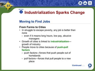 Moving to Find Jobs
From Farms to Cities
• In struggle to escape poverty, any job is better than
none
- even if it means long hours, low pay, abusive
managers
• Growth of cities is linked to industrialization—
growth of industry
• People move to cities because of push-pull
factors
- push factors—forces that push people out of
homelands
- pull factors—forces that pull people to a new
place
Industrialization Sparks Change
SECTION
2
Continued . . .
NEXT
 