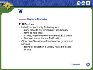 SECTION
2
Pull Factors
• Industry—opportunity for factory jobs
- many move to city temporarily, send money
home to rural area
- in 1993, Filipino workers sent home $2.2 billion
- Thai workers sent home $983 million
• Other benefits—cities offer education, government
services
- desire for education is usually related to desire
for jobs
continued Moving to Find Jobs
Continued . . .
NEXT
 
