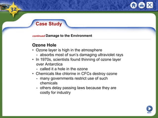 Case Study
Ozone Hole
• Ozone layer is high in the atmosphere
- absorbs most of sun’s damaging ultraviolet rays
• In 1970s, scientists found thinning of ozone layer
over Antarctica
- called it a hole in the ozone
• Chemicals like chlorine in CFCs destroy ozone
- many governments restrict use of such
chemicals
- others delay passing laws because they are
costly for industry
NEXT
continued Damage to the Environment
 