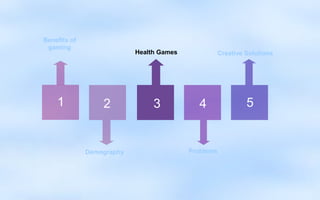 Benefits of
 gaming
                           Health Games              Creative Solutions




    1             2             3            4                5


              Demography                  Problems
 