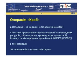 “Waste Governance – ENPI
                                                     Project Implemented by Eptisa,
Project Financed by the
European Union
                                   East”             Fichtner, Project Mgmt, Planmiljo,
                                                     RECC and Wasteaware
                                       45




    Операція «Краб»
    р.Латориця - на кордоні із Словаччиною (ЄС)

    Спільний проект Міністерства екології та природних
    ресурсів, облводгоспу, громадських організацій,
    бізнесу та міжнародних організацій (МКЗРД (ICPDR))

    5 тон відходів

    10 телеканалів + газети та Інтернет
 