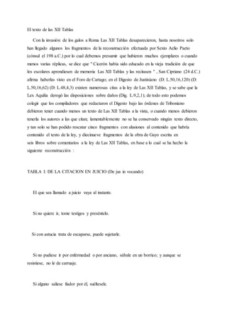 El texto de las XII Tablas
Con la invasión de los galos a Roma Las XII Tablas desaparecieron, hasta nosotros solo
han llegado algunos los fragmentos de la reconstrucción efectuada por Sexto Aelio Paeto
(cónsul el 198 a.C.) por lo cual debemos presumir que hubieron muchos ejemplares o cuando
menos varias réplicas, se dice que " Cicerón había sido educado en la vieja tradición de que
los escolares aprendiesen de memoria Las XII Tablas y las recitasen " , San Cipriano (24 d.C.)
afirma haberlas visto en el Foro de Cartago; en el Digesto de Justiniano (D: L.50,16,120) (D:
L.50,16,62) (D: L.48,4,3) existen numerosas citas a la ley de Las XII Tablas, y se sabe que la
Lex Aquilia derogó las disposiciones sobre daños (Dig. L.9,2,1); de todo esto podemos
colegir que los compiladores que redactaron el Digesto bajo las órdenes de Triboniano
debieron tener cuando menos un texto de Las XII Tablas a la vista, o cuando menos debieron
tenerla los autores a las que citan; lamentablemente no se ha conservado ningún texto directo,
y tan solo se han podido rescatar cinco fragmentos con alusiones al contenido que habría
contenido el texto de la ley, y diecinueve fragmentos de la obra de Gayo escrita en
seis libros sobre comentarios a la ley de Las XII Tablas, en base a lo cual se ha hecho la
siguiente reconstrucción :
TABLA I: DE LA CITACION EN JUICIO (De jus in vocando)
El que sea llamado a juicio vaya al instante.
Si no quiere ir, tome testigos y preséntelo.
Si con astucia trata de escaparse, puede sujetarle.
Si no pudiese ir por enfermedad o por anciano, súbale en un borrico; y aunque se
resistiese, no le de carruaje.
Si alguno saliese fiador por él, suéltesele.
 