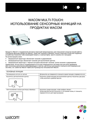 1
1
WACOM MULTI-TOUCH:
ИСПОЛЬЗОВАНИЕ СЕНСОРНЫХ ФУНКЦИЙ НА
ПРОДУКТАХ WACOM
Продукты Wacom с поддержкой сенсорных функций предназначены для повышения качества вашей работы.
Сенсорные функции продуктов Wacom, таких как планшеты (Bamboo, Intuos) и дисплеи (Cintiq или подобные
устройства) позволяют вам взаимодействовать с компьютером, просто касаясь его пальцами.
На иллюстрациях ниже:
• Закрашенный серый круг обозначает касание и удерживание.
• Незакрашенный круг обозначает касание для выполнения щелчка.
• Закрашенный серый круг с черным контуром обозначает касание, затем касание и удерживание.
Примечание. Не все жесты поддерживаются во всех операционных системах или для всех драйверов.
Для получения дополнительной информации о жестах, доступных для вашего планшета или операционной
системы, см. Свойства Wacom Tablet или Руководство пользователя Wacom.
ОСНОВНЫЕ ФУНКЦИИ
ПЕРЕМЕЩЕНИЕ КУРСОРА НА ЭКРАНЕ Дотроньтесь до поверхности планшета одним пальцем и переместите его.
КОСНИТЕСЬ ДЛЯ ВЫПОЛНЕНИЯ ЩЕЛЧКА Коснитесь одним пальцем для выполнения щелчка. Коснитесь два раза,
чтобы выполнить двойной щелчок.
ПЕРЕТАСКИВАНИЕ (только для Intuos и Bamboo) Коснитесь одним пальцем, чтобы выбрать объект.
Затем еще раз быстро коснитесь и, не отрывая палец от планшета,
переместите его для перетаскивания.
 