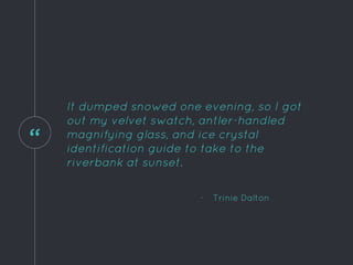 “
It dumped snowed one evening, so I got
out my velvet swatch, antler-handled
magnifying glass, and ice crystal
identification guide to take to the
riverbank at sunset.
- Trinie Dalton
 