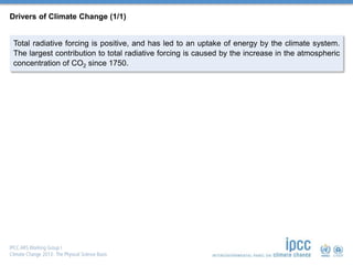 Drivers of Climate Change (1/1)
Total radiative forcing is positive, and has led to an uptake of energy by the climate system.
The largest contribution to total radiative forcing is caused by the increase in the atmospheric
concentration of CO2 since 1750.
 