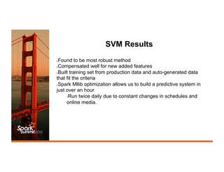 SVM Results
λ Found to be most robust method
λ Compensated well for new added features
λ Built training set from production data and auto-generated data
that fit the criteria
λ Spark Mllib optimization allows us to build a predictive system in
just over an hour
- Run twice daily due to constant changes in schedules and
online media.
 