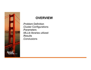 OVERVIEW
λ Problem Definition
λ Cluster Configurations
λ Parameters
λ MLLib libraries utilized
λ Results
λ Conclusions
 