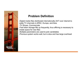 Problem Definition
λ Digital media files distributed internationally 24/7 over internet to
cable TV channels in APAC, Europe, and Asia.
λ TV Shows, Commercials
λ Fast Isilon storage fills up frequently, thus offlining is necessary to
create space for new files
λ Multiple parameters are used to pick candidates
λ Previous system works well, but is slow and has large overhead
 