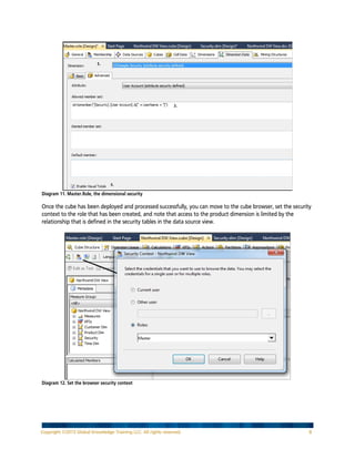 Diagram 11. Master.Role, the dimensional security

Once the cube has been deployed and processed successfully, you can move to the cube browser, set the security
context to the role that has been created, and note that access to the product dimension is limited by the
relationship that is defined in the security tables in the data source view.

Diagram 12. Set the browser security context

Copyright ©2013 Global Knowledge Training LLC. All rights reserved.

8

 