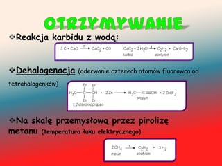 Reakcja karbidu z wodą:


Dehalogenacja     (oderwanie czterech atomów fluorowca od

tetrahalogenków)




Na skalę przemysłową przez pirolizę
metanu (temperatura łuku elektrycznego)
 