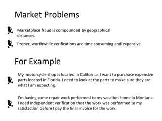 Market Problems Marketplace fraud is compounded by geographical distances. Proper, worthwhile verifications are time consuming and expensive. For Example My  motorcycle shop is located in California. I want to purchase expensive parts located in Florida. I need to look at the parts to make sure they are what I am expecting. I’m having some repair work performed to my vacation home in Montana. I need independent verification that the work was performed to my  satisfaction before I pay the final invoice for the work.  