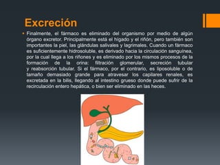 Excreción
 Finalmente, el fármaco es eliminado del organismo por medio de algún
órgano excretor. Principalmente está el hígado y el riñón, pero también son
importantes la piel, las glándulas salivales y lagrimales. Cuando un fármaco
es suficientemente hidrosoluble, es derivado hacia la circulación sanguínea,
por la cual llega a los riñones y es eliminado por los mismos procesos de la
formación de la orina: filtración glomerular, secreción tubular
y reabsorción tubular. Si el fármaco, por el contrario, es liposoluble o de
tamaño demasiado grande para atravesar los capilares renales, es
excretada en la bilis, llegando al intestino grueso donde puede sufrir de la
recirculación entero hepática, o bien ser eliminado en las heces.
 