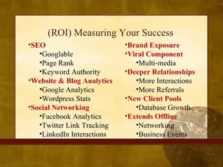 (ROI) Measuring Your Success <ul><li>SEO  </li></ul><ul><ul><li>Googlable </li></ul></ul><ul><ul><li>Page Rank </li></ul><...