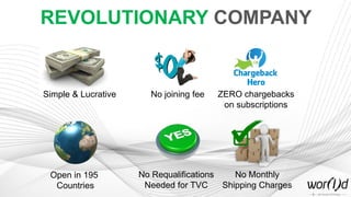 Simple & Lucrative
Open in 195
Countries
No Monthly
Shipping Charges
No joining fee ZERO chargebacks
on subscriptions
No Requalifications
Needed for TVC
REVOLUTIONARY COMPANY
 