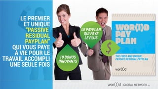 GLOBAL NETWORK PLC
LE PREMIER
ET UNIQUE
“PASSIVE
RESIDUAL
PAYPLAN”
QUI VOUS PAYE
À VIE POUR LE
TRAVAIL ACCOMPLI
UNE SEULE FOIS
10 BONUS
INNOVANTS
LE PAYPLAN
QUI PAYE
LE PLUS
THE FIRST AND UNIQUE
PASSIVE RESIDUAL PAYPLAN
 