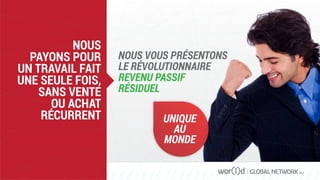 GLOBAL NETWORK PLC
NOUS
PAYONS POUR
UN TRAVAIL FAIT
UNE SEULE FOIS,
SANS VENTE
OU ACHAT
RÉCURRENT
NOUS VOUS PRÉSENTONS
LE RÉVOLUTIONNAIRE
REVENU PASSIF
RÉSIDUEL
UNIQUE
AU
MONDE
 