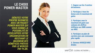 LE CHOIX
POWER MASTER
DÉBUTEZ VOTRE
PROPRE BUSINESS
AVEC UN PAQUET
POWER MASTER QUI
VOUS DONNE LA
POSSIBILITÉ DE
DÉVELOPPER VOTRE
ORGANISATION EN
RECEVANT LE
MAXIMUM DES
BÉNÉFICES PRÉVUS
PAR LE WOR(l)D
PAY PLAN.
1. Gagnez sur les 3 centres
de business.
2. Participez à tous les
bonus avec le maximum de
gains.
3. Participez avec le
maximum de gains aux
volumes de chiffres
d'affaires sur GMN comme
sur NRG.
4. Participez au plan de
carrière avec une croissance
plus rapide.
5. Devenez WOR(l)D NRG
Broker.
GLOBAL NETWORK PLC
 