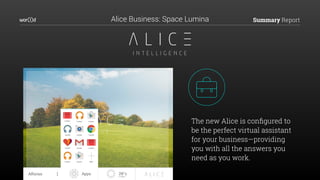 Summary Report
App 28°c
Lorem Lorem Lorem
Lorem Lorem Lorem
Lorem
Lorem Lorem
Lorem Lorem
Add
AppsAlfonso
The new Alice is conﬁgured to
be the perfect virtual assistant
for your business—providing
you with all the answers you
need as you work.
Alice Business: Space Lumina
 