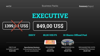 Summary ReportBusiness Packs
EXECUTIVE
320CV 80,00 US$ FS 32 Shares Ofﬂoad Pool
ONE PLAN
included (1 month)
50,00 US$
SPACEPHONE
included
350,00 US$
WEB MARKETING SUITE
included (Elite Version)
150,00 US$
SPACESTATION 32x
included
900,00 US$
1399,00 US$
SpaceSystem Business
International Service Plan
(to use immediately)
849,00 US$
 