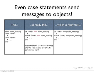 Even case statements send
                               messages to objects!
                   This...            ...is really this...             ...which is really this!...

        case some_string        if "abc" === some_string              if "abc".===(some_string)
        when "abc"                # ...                                 # ...
          # ...                 elsif /def/ === some_string           elsif /def/.===(some_string)
        when /def/                # ...                                 # ...
          # ...                 end                                   end
        end

                                Case statements use the === method,
                                aka the case equality operator, to
                                determine a match




                                                                                          Copyright © 2010, Ruby Power and Light, LLC


Friday, September 3, 2010
 