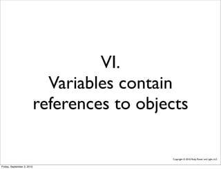 VI.
                              Variables contain
                            references to objects

                                              Copyright © 2010, Ruby Power and Light, LLC


Friday, September 3, 2010
 