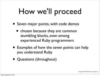 How we'll proceed
                     • Seven major points, with code demos
                      • chosen because they are common
                             stumbling blocks, even among
                             experienced Ruby programmers
                     • Examples of how the seven points can help
                            you understand Ruby
                     • Questions (throughout)
                                                            Copyright © 2010, Ruby Power and Light, LLC


Friday, September 3, 2010
 