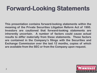 Forward-Looking Statements

This presentation contains forward-looking statements within the
meaning of the Private Securities Litigation Reform Act of 1995.
Investors are cautioned that forward-looking statements are
inherently uncertain. A number of factors could cause actual
results to differ materially from these statements. These factors
are contained in the Company’s filings with the Securities and
Exchange Commission over the last 12 months, copies of which
are available from the SEC or from the Company upon request.




2
 