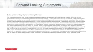 Investor Presentation | June 2017 2
Forward Looking Statements
Cautionary Statement Regarding Forward-Looking Information
This presentation document may contain forward-looking statements within the meaning of the Private Securities Litigation Reform Act of 1995.
Investors are cautioned that forward-looking statements are inherently uncertain. A number of factors could cause actual results to differ materially from
these statements, including, but not limited to increases in interest rates, availability of credit, low consumer confidence, availability of labor, significant
increase in repurchase obligations, inadequate liquidity or capital resources, availability and price of fuel, a slowdown in the economy, increased material
and component costs, availability of chassis and other key component parts, sales order cancellations, slower than anticipated sales of new or existing
products, new product introductions by competitors, the effect of global tensions, integration of operations relating to mergers and acquisitions activities,
risks relating to the integration of Grand Design RV, and risks related to compliance with debt covenants and leverage ratios. Additional information
concerning certain risks and uncertainties that could cause our actual results to differ materially from that projected or suggested is contained in Item 1A
Risk Factors in Part I of the Company’s Annual Report on Form 10-K and in the Company's other filings with the Securities and Exchange Commission
(SEC), copies of which are available from the SEC or from the Company upon request. The Company disclaims any obligation or undertaking to
disseminate any updates or revisions to any forward looking statements contained in this release or to reflect any changes in the Company's expectations
after the date of this release or any change in events, conditions or circumstances on which any statement is based, except as required by law.
Investor Presentation | September 2017
 