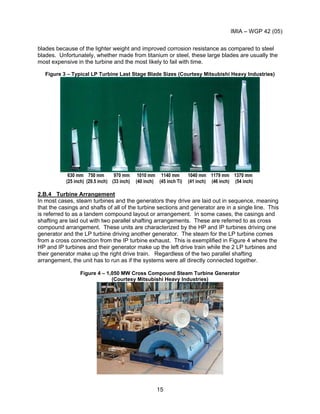 IMIA – WGP 42 (05)
15
blades because of the lighter weight and improved corrosion resistance as compared to steel
blades. Unfortunately, whether made from titanium or steel, these large blades are usually the
most expensive in the turbine and the most likely to fail with time.
Figure 3 – Typical LP Turbine Last Stage Blade Sizes (Courtesy Mitsubishi Heavy Industries)
630 mm 750 mm 970 mm 1010 mm 1140 mm 1040 mm 1179 mm 1370 mm
(25 inch) (29.5 inch) (33 inch) (40 inch) (45 inch Ti) (41 inch) (46 inch) (54 inch)
2.B.4 Turbine Arrangement
In most cases, steam turbines and the generators they drive are laid out in sequence, meaning
that the casings and shafts of all of the turbine sections and generator are in a single line. This
is referred to as a tandem compound layout or arrangement. In some cases, the casings and
shafting are laid out with two parallel shafting arrangements. These are referred to as cross
compound arrangement. These units are characterized by the HP and IP turbines driving one
generator and the LP turbine driving another generator. The steam for the LP turbine comes
from a cross connection from the IP turbine exhaust. This is exemplified in Figure 4 where the
HP and IP turbines and their generator make up the left drive train while the 2 LP turbines and
their generator make up the right drive train. Regardless of the two parallel shafting
arrangement, the unit has to run as if the systems were all directly connected together.
Figure 4 – 1,050 MW Cross Compound Steam Turbine Generator
(Courtesy Mitsubishi Heavy Industries)
 