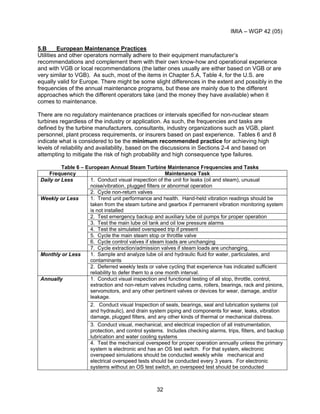 IMIA – WGP 42 (05)
32
5.B European Maintenance Practices
Utilities and other operators normally adhere to their equipment manufacturer’s
recommendations and complement them with their own know-how and operational experience
and with VGB or local recommendations (the latter ones usually are either based on VGB or are
very similar to VGB). As such, most of the items in Chapter 5.A, Table 4, for the U.S. are
equally valid for Europe. There might be some slight differences in the extent and possibly in the
frequencies of the annual maintenance programs, but these are mainly due to the different
approaches which the different operators take (and the money they have available) when it
comes to maintenance.
There are no regulatory maintenance practices or intervals specified for non-nuclear steam
turbines regardless of the industry or application. As such, the frequencies and tasks are
defined by the turbine manufacturers, consultants, industry organizations such as VGB, plant
personnel, plant process requirements, or insurers based on past experience. Tables 6 and 8
indicate what is considered to be the minimum recommended practice for achieving high
levels of reliability and availability, based on the discussions in Sections 2-4 and based on
attempting to mitigate the risk of high probability and high consequence type failures.
Table 6 – European Annual Steam Turbine Maintenance Frequencies and Tasks
Frequency Maintenance Task
1. Conduct visual inspection of the unit for leaks (oil and steam), unusual
noise/vibration, plugged filters or abnormal operation
Daily or Less
2. Cycle non-return valves
1. Trend unit performance and health. Hand-held vibration readings should be
taken from the steam turbine and gearbox if permanent vibration monitoring system
is not installed
2. Test emergency backup and auxiliary lube oil pumps for proper operation
3. Test the main lube oil tank and oil low pressure alarms
4. Test the simulated overspeed trip if present
5. Cycle the main steam stop or throttle valve
6. Cycle control valves if steam loads are unchanging
Weekly or Less
7. Cycle extraction/admission valves if steam loads are unchanging.
1. Sample and analyze lube oil and hydraulic fluid for water, particulates, and
contaminants
Monthly or Less
2. Deferred weekly tests or valve cycling that experience has indicated sufficient
reliability to defer them to a one month interval.
1. Conduct visual inspection and functional testing of all stop, throttle, control,
extraction and non-return valves including cams, rollers, bearings, rack and pinions,
servomotors, and any other pertinent valves or devices for wear, damage, and/or
leakage.
2. Conduct visual Inspection of seals, bearings, seal and lubrication systems (oil
and hydraulic), and drain system piping and components for wear, leaks, vibration
damage, plugged filters, and any other kinds of thermal or mechanical distress.
3. Conduct visual, mechanical, and electrical inspection of all instrumentation,
protection, and control systems. Includes checking alarms, trips, filters, and backup
lubrication and water cooling systems
Annually
4. Test the mechanical overspeed for proper operation annually unless the primary
system is electronic and has an OS test switch. For that system, electronic
overspeed simulations should be conducted weekly while mechanical and
electrical overspeed tests should be conducted every 3 years. For electronic
systems without an OS test switch, an overspeed test should be conducted
 