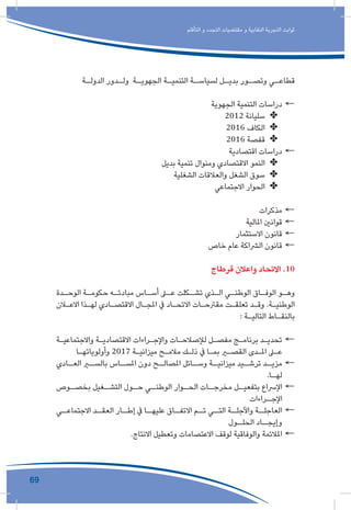 69
‫التأقلم‬ ‫و‬ ‫التجدد‬ ‫مقتضيات‬ ‫و‬ ‫النقابية‬ ‫التجربة‬ ‫ثوابت‬
‫ـة‬‫الدولـ‬ ‫ـدور‬‫ولـ‬ ‫ـة‬‫الجهويـ‬ ‫ـة‬‫التنميـ‬ ‫ـة‬‫لسياسـ‬ ‫ـل‬‫بديـ‬ ‫ـور‬‫وتصـ‬ ‫ـي‬‫قطاعـ‬
←←‫الجهوية‬ ‫التنمية‬ ‫دراسات‬
✤✤2012 ‫سليانة‬
✤✤2016 ‫الكاف‬
✤✤2016 ‫قفصة‬
←←‫اقتصادية‬ ‫دراسات‬
✤✤‫بديل‬ ‫تنمية‬ ‫ومنوال‬ ‫االقتصادي‬ ‫النمو‬
✤✤‫الشغلية‬ ‫والعالقات‬ ‫الشغل‬ ‫سوق‬
✤✤‫االجتماعي‬ ‫الحوار‬
←←‫مذكرات‬
←←‫املالية‬ ‫قوانني‬
←←‫االستثمار‬ ‫قانون‬
←←‫خاص‬ ‫عام‬ ‫الرشاكة‬ ‫قانون‬
‫قرطاج‬ ‫واعالن‬ ‫االتحاد‬ .10
‫ـدة‬‫ـ‬‫الوح‬ ‫ـة‬‫ـ‬‫حكوم‬ ‫ـه‬‫ـ‬‫مبادئ‬ ‫ـاس‬‫ـ‬‫أس‬ ‫ـى‬‫ـ‬‫ع‬ ‫ـكلت‬‫ـ‬‫تش‬ ‫ـذي‬‫ـ‬‫ال‬ ‫ـي‬‫ـ‬‫الوطن‬ ‫ـاق‬‫ـ‬‫الوف‬ ‫ـو‬‫ـ‬‫وه‬
‫ـان‬‫ـ‬‫االع‬ ‫ـذا‬‫ـ‬‫له‬ ‫ـادي‬‫ـ‬‫االقتص‬ ‫ـال‬‫ـ‬‫املج‬ ‫يف‬ ‫ـاد‬‫ـ‬‫االتح‬ ‫ـات‬‫ـ‬‫مقرتح‬ ‫ـت‬‫ـ‬‫تعلق‬ ‫ـد‬‫ـ‬‫وق‬ .‫ـة‬‫ـ‬‫الوطني‬
: ‫ـة‬‫ـ‬‫التالي‬ ‫ـاط‬‫ـ‬‫بالنق‬
←←‫ـة‬‫ـ‬‫واالجتماعي‬ ‫ـة‬‫ـ‬‫االقتصادي‬ ‫ـراءات‬‫ـ‬‫واإلج‬ ‫ـات‬‫ـ‬‫لإلصالح‬ ‫ـل‬‫ـ‬‫مفص‬ ‫ـج‬‫ـ‬‫برنام‬ ‫ـد‬‫ـ‬‫تحدي‬
‫ـا‬‫ـ‬‫وأولوياته‬ 2017 ‫ـة‬‫ـ‬‫ميزاني‬ ‫ـح‬‫ـ‬‫مالم‬ ‫ـك‬‫ـ‬‫ذل‬ ‫يف‬ ‫ـا‬‫ـ‬‫بم‬ ‫ـر‬‫ـ‬‫القص‬ ‫ـدى‬‫ـ‬‫امل‬ ‫ـى‬‫ـ‬‫ع‬
←←‫ـادي‬‫العـ‬ ‫ـر‬‫بالسـ‬ ‫ـاس‬‫املسـ‬ ‫دون‬ ‫ـح‬‫املصالـ‬ ‫ـائل‬‫وسـ‬ ‫ـة‬‫ميزانيـ‬ ‫ـيد‬‫ترشـ‬ ‫ـد‬‫مزيـ‬
.‫ـا‬‫ـ‬‫له‬
←←‫ـوص‬‫بخصـ‬ ‫ـغيل‬‫التشـ‬ ‫ـول‬‫حـ‬ ‫ـي‬‫الوطنـ‬ ‫ـوار‬‫الحـ‬ ‫ـات‬‫مخرجـ‬ ‫ـل‬‫بتفعيـ‬ ‫اإلرساع‬
‫ـراءات‬‫اإلجـ‬
←←‫ـي‬‫االجتماعـ‬ ‫ـد‬‫العقـ‬ ‫ـار‬‫إطـ‬ ‫يف‬ ‫ـا‬‫عليهـ‬ ‫ـاق‬‫االتفـ‬ ‫ـم‬‫تـ‬ ‫ـي‬‫التـ‬ ‫ـة‬‫واآلجلـ‬ ‫ـة‬‫العاجلـ‬
‫ـول‬‫الحلـ‬ ‫ـاد‬‫وإيجـ‬
←←.‫االنتاج‬ ‫وتعطيل‬ ‫االعتصامات‬ ‫لوقف‬ ‫والوفاقية‬ ‫املالئمة‬
 