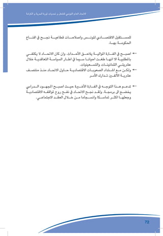 72
‫الكرامة‬ ‫و‬ ‫الحرية‬ ‫ثورة‬ ‫تحديات‬ ‫و‬ ‫للشغل‬ ‫التونيس‬ ‫العام‬ ‫االتحاد‬
‫اقنــاع‬ ‫يف‬ ‫نجــح‬ ‫قطاعيــة‬ ‫واصالحــات‬ ‫لتونــس‬ ‫االقتصــادي‬ ‫للمســتقبل‬
،‫ـا‬‫بهـ‬ ‫ـة‬‫الحكومـ‬
←←‫يكتفــي‬ ‫ال‬ ‫االتحــاد‬ ‫كان‬ ‫وان‬ .‫األحــداث‬ ‫يالحــق‬ ‫املواليــة‬ ‫الفــرة‬ ‫يف‬ ‫اصبــح‬
‫خالل‬ ‫ـة‬‫ـ‬‫التعاقدي‬ ‫ـة‬‫ـ‬‫السياس‬ ‫ـار‬‫ـ‬‫اط‬ ‫يف‬ ‫ـيما‬‫ـ‬‫س‬ ‫ـا‬‫ـ‬‫احيان‬ ‫ـت‬‫ـ‬‫طغ‬ ‫ـا‬‫ـ‬‫انه‬ ‫اال‬ ‫ـة‬‫ـ‬‫باملطلبي‬
.‫ـعينيات‬‫ـ‬‫والتس‬ ‫ـات‬‫ـ‬‫الثمانين‬ ‫ـي‬‫ـ‬‫عرشيت‬
←←‫ـف‬‫ـ‬‫منتص‬ ‫ـذ‬‫ـ‬‫من‬ ‫ـاد‬‫ـ‬‫االتح‬ ‫ـاول‬‫ـ‬‫ح‬ ‫ـة‬‫ـ‬‫االقتصادي‬ ‫ـات‬‫ـ‬‫الصعوب‬ ‫ـتداد‬‫ـ‬‫اش‬ ‫ـع‬‫ـ‬‫م‬ ‫ـن‬‫ـ‬‫ولك‬
‫ـر‬‫ـ‬‫األم‬ ‫ـدارك‬‫ـ‬‫ت‬ ‫ـن‬‫ـ‬‫األلف‬ ‫ـة‬‫ـ‬‫عرشي‬
←←‫ـدرايس‬‫الـ‬ ‫ـود‬‫املجهـ‬ ‫ـح‬‫اصبـ‬ ‫ـث‬‫حيـ‬ ‫ـرة‬‫األخـ‬ ‫ـرة‬‫الفـ‬ ‫يف‬ ‫ـه‬‫التوجـ‬ ‫ـذا‬‫هـ‬ ‫ـم‬‫تدعـ‬
‫ـة‬‫ـ‬‫االقتصادي‬ ‫ـه‬‫ـ‬‫ملواقف‬ ‫روح‬ ‫ـح‬‫ـ‬‫نف‬ ‫يف‬ ‫ـاد‬‫ـ‬‫االتح‬ ‫ـح‬‫ـ‬‫نج‬ ‫ـد‬‫ـ‬‫ولق‬ .‫ـة‬‫ـ‬‫برمج‬ ‫اىل‬ ‫ـع‬‫ـ‬‫يخض‬
.‫ـي‬‫ـ‬‫االجتماع‬ ‫ـد‬‫ـ‬‫العق‬ ‫ـال‬‫ـ‬‫خ‬ ‫ـن‬‫ـ‬‫م‬ ‫ـجاما‬‫ـ‬‫وانس‬ ‫ـكا‬‫ـ‬‫تماس‬ ‫ـر‬‫ـ‬‫اكث‬ ‫ـا‬‫ـ‬‫وجعله‬
 