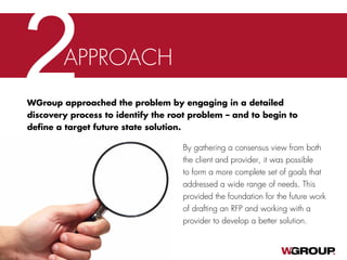 2APPROACH
By gathering a consensus view from both
the client and provider, it was possible
to form a more complete set of goals that
addressed a wide range of needs. This
provided the foundation for the future work
of drafting an RFP and working with a
provider to develop a better solution.
WGroup approached the problem by engaging in a detailed
discovery process to identify the root problem – and to begin to
define a target future state solution.
 