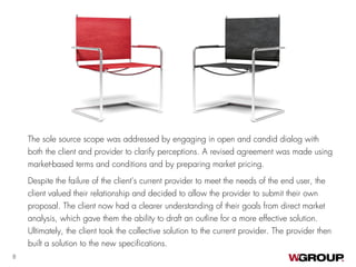 The sole source scope was addressed by engaging in open and candid dialog with
both the client and provider to clarify perceptions. A revised agreement was made using
market-based terms and conditions and by preparing market pricing.
Despite the failure of the client’s current provider to meet the needs of the end user, the
client valued their relationship and decided to allow the provider to submit their own
proposal. The client now had a clearer understanding of their goals from direct market
analysis, which gave them the ability to draft an outline for a more effective solution.
Ultimately, the client took the collective solution to the current provider. The provider then
built a solution to the new specifications.
8
 