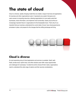 14 ©2016 WGroup. ThinkWGroup.com
The state of cloud
Cloud is a diverse, rapidly changing model that can enable a range of ...