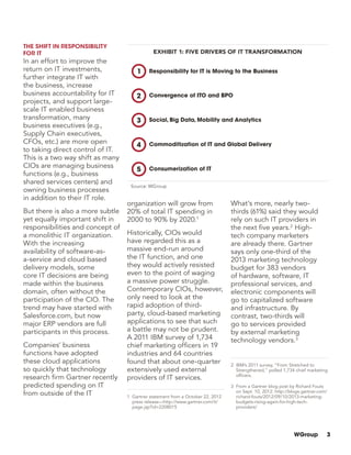 WGroup 3
The Shift in Responsibility
for IT
In an effort to improve the
return on IT investments,
further integrate IT with
the business, increase
business accountability for IT
projects, and support large-
scale IT enabled business
transformation, many
business executives (e.g.,
Supply Chain executives,
CFOs, etc.) are more open
to taking direct control of IT.
This is a two way shift as many
CIOs are managing business
functions (e.g., business
shared services centers) and
owning business processes
in addition to their IT role.
But there is also a more subtle
yet equally important shift in
responsibilities and concept of
a monolithic IT organization.
With the increasing
availability of software-as-
a-service and cloud based
delivery models, some
core IT decisions are being
made within the business
domain, often without the
participation of the CIO. The
trend may have started with
Salesforce.com, but now
major ERP vendors are full
participants in this process.
Companies’ business
functions have adopted
these cloud applications
so quickly that technology
research firm Gartner recently
predicted spending on IT
from outside of the IT
organization will grow from
20% of total IT spending in
2000 to 90% by 2020.1
Historically, CIOs would
have regarded this as a
massive end-run around
the IT function, and one
they would actively resisted
even to the point of waging
a massive power struggle.
Contemporary CIOs, however,
only need to look at the
rapid adoption of third-
party, cloud-based marketing
applications to see that such
a battle may not be prudent.
A 2011 IBM survey of 1,734
chief marketing officers in 19
industries and 64 countries
found that about one-quarter
extensively used external
providers of IT services.
1 Gartner statement from a October 22, 2012
press release—http://www.gartner.com/it/
page.jsp?id=2208015
What’s more, nearly two-
thirds (61%) said they would
rely on such IT providers in
the next five years.2
High-
tech company marketers
are already there. Gartner
says only one-third of the
2013 marketing technology
budget for 383 vendors
of hardware, software, IT
professional services, and
electronic components will
go to capitalized software
and infrastructure. By
contrast, two-thirds will
go to services provided
by external marketing
technology vendors.3
2 IBM’s 2011 survey, “From Stretched to
Strengthened,” polled 1,734 chief marketing
officers.
3 From a Gartner blog post by Richard Fouts
on Sept. 10, 2012: http://blogs.gartner.com/
richard-fouts/2012/09/10/2013-marketing-
budgets-rising-again-for-high-tech-
providers/
Responsibility for IT is Moving to the Business
Convergence of ITO and BPO
Social, Big Data, Mobility and Analytics
Commoditization of IT and Global Delivery
Consumerization of IT
EXHIBIT 1: FIVE DRIVERS OF IT TRANSFORMATION
Source: WGroup
 