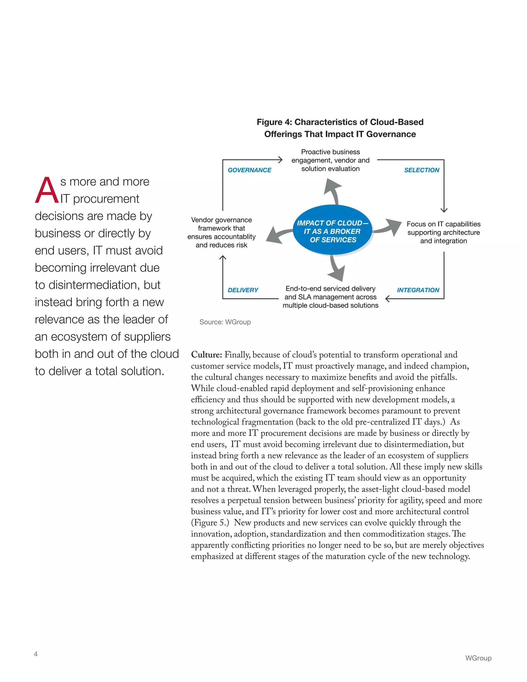 As more and more
IT procurement
decisions are made by
business or directly by
end users, IT must avoid
becoming irrelevant due
to disintermediation, but
instead bring forth a new
relevance as the leader of
an ecosystem of suppliers
both in and out of the cloud
to deliver a total solution.
Culture: Finally, because of cloud’s potential to transform operational and
customer service models, IT must proactively manage, and indeed champion,
the cultural changes necessary to maximize benefits and avoid the pitfalls.
While cloud-enabled rapid deployment and self-provisioning enhance
efficiency and thus should be supported with new development models, a
strong architectural governance framework becomes paramount to prevent
technological fragmentation (back to the old pre-centralized IT days.) As
more and more IT procurement decisions are made by business or directly by
end users, IT must avoid becoming irrelevant due to disintermediation, but
instead bring forth a new relevance as the leader of an ecosystem of suppliers
both in and out of the cloud to deliver a total solution. All these imply new skills
must be acquired, which the existing IT team should view as an opportunity
and not a threat. When leveraged properly, the asset-light cloud-based model
resolves a perpetual tension between business’ priority for agility, speed and more
business value, and IT’s priority for lower cost and more architectural control
(Figure 5.) New products and new services can evolve quickly through the
innovation, adoption, standardization and then commoditization stages.The
apparently conflicting priorities no longer need to be so, but are merely objectives
emphasized at different stages of the maturation cycle of the new technology.
WGroup
4
SELECTION
INTEGRATIONDELIVERY
GOVERNANCE
IMPACT OF CLOUD—
IT AS A BROKER
OF SERVICES
Vendor governance
framework that
ensures accountablity
and reduces risk
Proactive business
engagement, vendor and
solution evaluation
Focus on IT capabilities
supporting architecture
and integration
End-to-end serviced delivery
and SLA management across
multiple cloud-based solutions
Figure 4: Characteristics of Cloud-Based
Offerings That Impact IT Governance
Source: WGroup
 