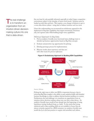 The real challenge
is to transform an
organization from an
intuition-driven decision-
making culture into one
that is data-driven.
the very least be only partially informed, especially in today’s hyper-competitive
environment subject to the interplay of macro-level trends. Intuition must be
backed up with data and facts. This requires a sea-change in behavior to get to
a more data-driven culture—using data to balance intuition and vice versa.
Given this understanding, we recommend an evolutionary approach to the
deployment of big data capabilities that targets investments, minimizes
risk, and captures value while building longer-term capabilities:
WGroup Approach to Big Data
1.	 Pick an analytics-friendly cross-functional team; challenge team to
identify top business opportunities based on Big Data concepts
2.	 Evaluate and prioritize top opportunities for piloting
3.	 Develop prototype process for implementation
4.	 Measure results; share experience and data sets
with other teams for process replication
Picking the right team to delve into BDA is important, because a key to
extracting Big Data insights is the ability to pair analytical skills with detailed
business knowledge in order to address relevant business problems in context.
Furthermore, the real challenge is to transform an organization from an
intuition-driven decision-making culture into one that is data-driven. An
analytics-friendly team would at least already have the beginnings of using
hypotheses-testing-feedback loops as a habit. To the extent that strong
statistical and/or data modeling skills are not available in-house (but are
almost certainly required for a BDA initiative,) an analytics-friendly team
would also be in the best position to acquire and assimilate such talents.
WGroup
4
Assess  Indentify
Opportunities
Prioritize  Select
Pilot Opportunity
Develop
Implementation
Plan
Implement 
Assess Results
Prove Business
Value
Assess Current
Capability
Identify Opportunities
Evaluate ROI
Potential
Prioritize 
Recommend
Identify Partners
Develop
Infrastructure
Develop BD
Analytics
Feedback
 Learning
Figure 4: Evolutionary Approach to Building BDA Capabilities
Source: WGroup
 