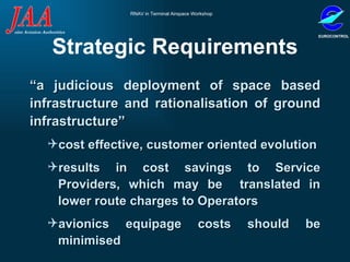 Strategic Requirements “ a judicious deployment of space based infrastructure and rationalisation of ground infrastructure”  cost effective, customer oriented evolution results in cost savings to Service Providers, which may be  translated in lower route charges to Operators  avionics equipage costs should be minimised 