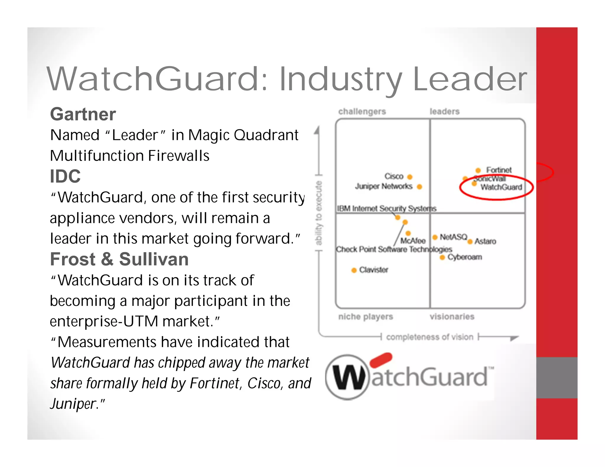 WatchGuard: Industry Leader
Gartner
Named “Leader” in Magic Quadrant
Multifunction Firewalls
IDC
“WatchGuard, one of the first security
appliance vendors, will remain a
leader in this market going forward.”
Frost & Sullivan
“WatchGuard is on its track of
becoming a major participant in the
enterprise-UTM market.”
“Measurements have indicated that
WatchGuard has chipped away the market
share formally held by Fortinet, Cisco, and
Juniper.”
 